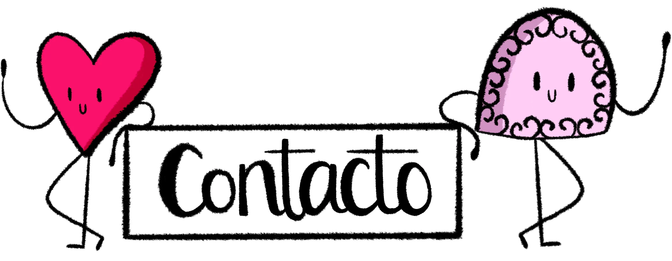 Cartel dibujado a mano que dice Contacto, sostenido por un corazón y un personaje rosado
